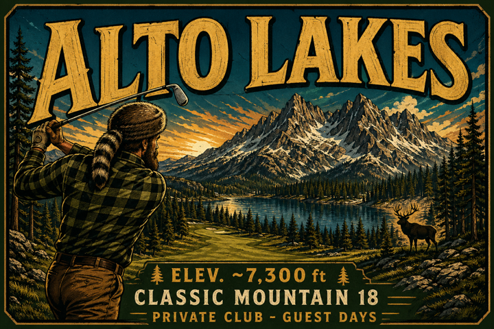 Edgy poster-style illustration: mountain-man golfer at Alto Lakes, typography with elevation and classic mountain eighteen specs.