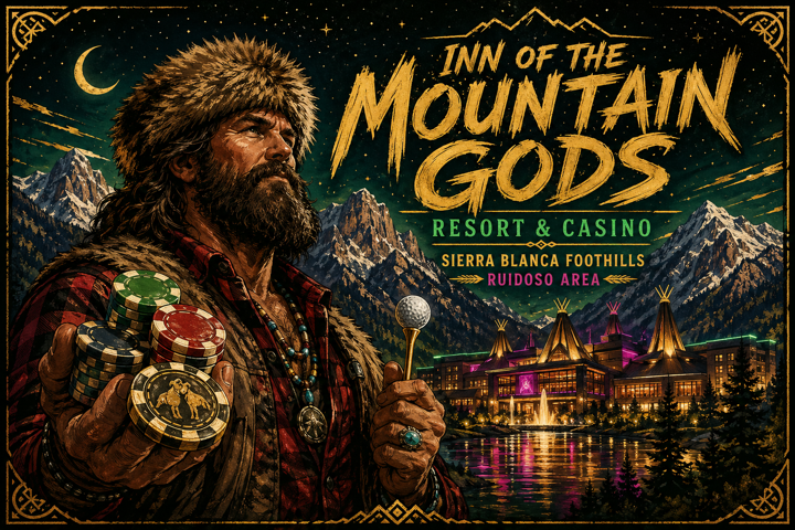 Stylized poster illustration: Inn of the Mountain Gods resort, Sierra Blanca foothills, golf and casino resort vibes.